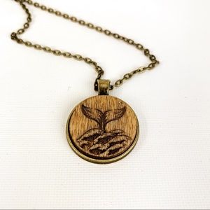 Wood Laser Engraved Whale Tail Necklace 24”